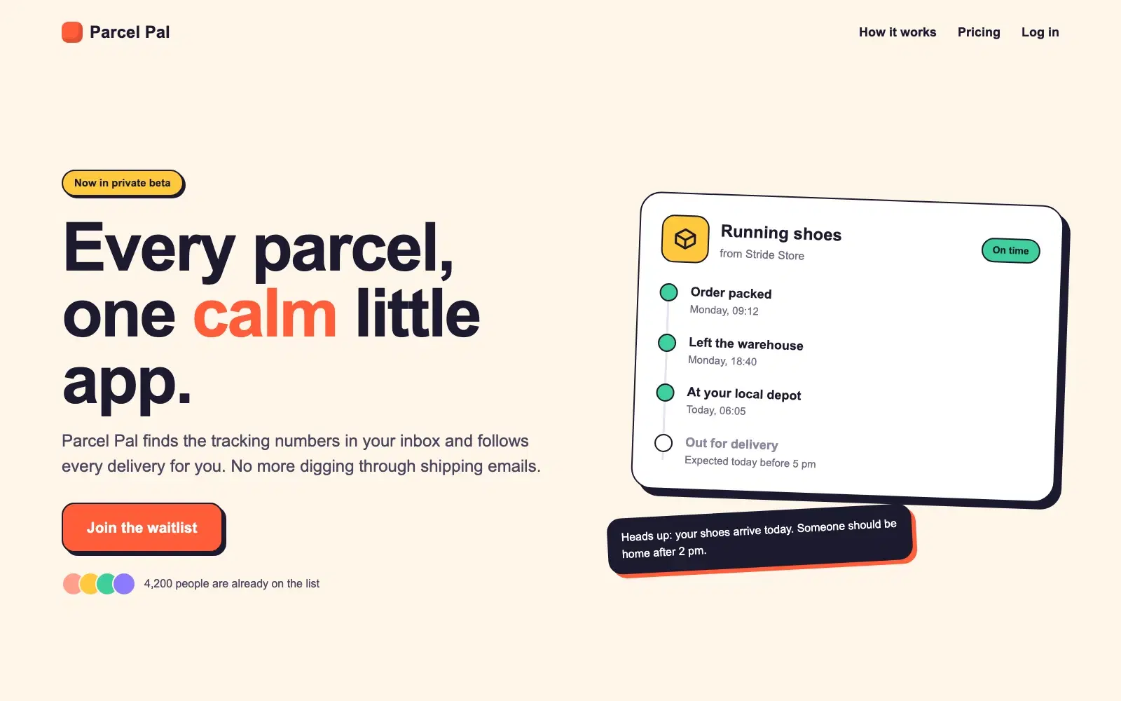 A landing page hero for a parcel tracking app, with a bold headline, a signup button and an illustrated parcel card