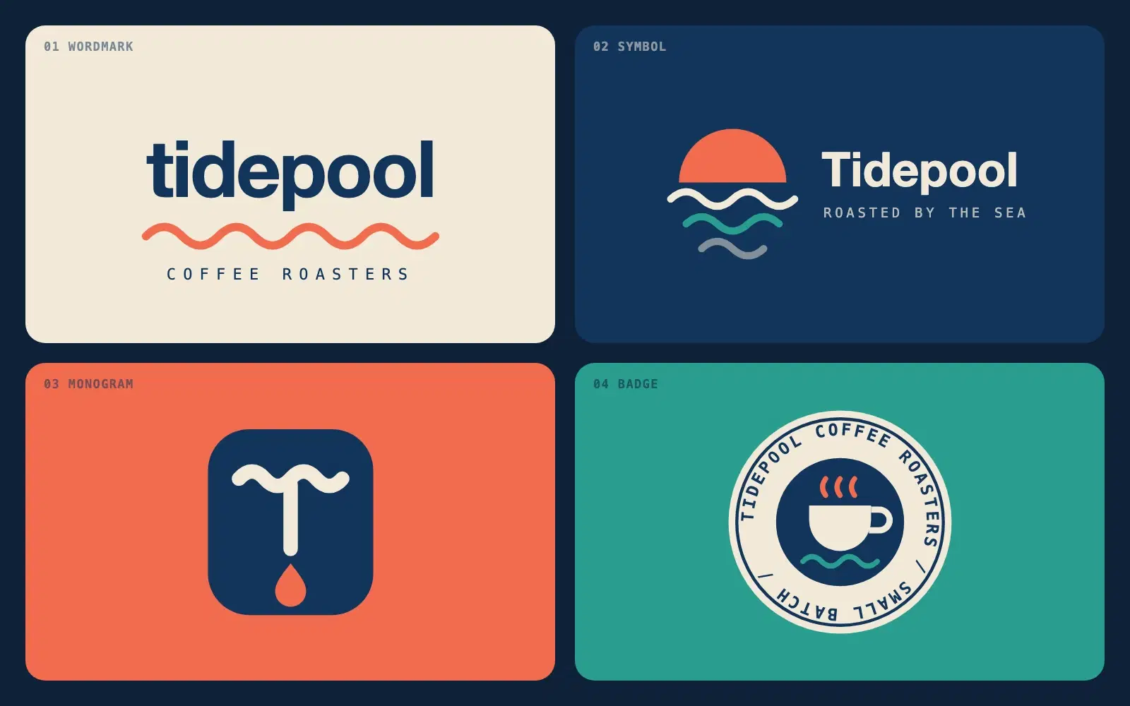 Four logo concepts for a coffee brand called Tidepool, shown on a two by two grid of coloured cards