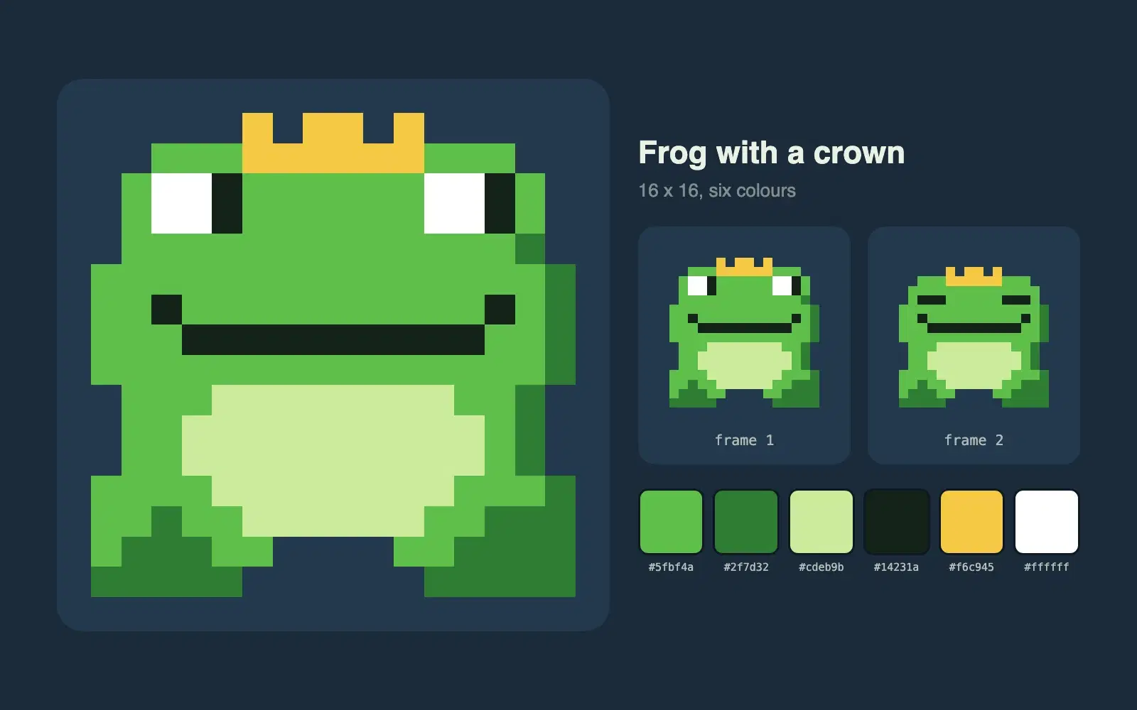 A 16 by 16 pixel art frog wearing a small crown, shown large next to its colour palette